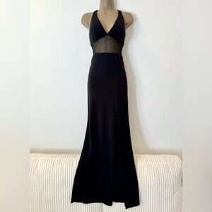Long black formal prom dress v neck mesh rhinestone beaded detail with leg slit